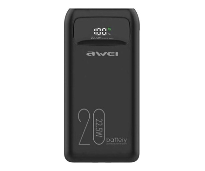 Powerbank AWEI P169K 20000mAh 22.5W czarny wyświetlacz + kable PD/Lightning